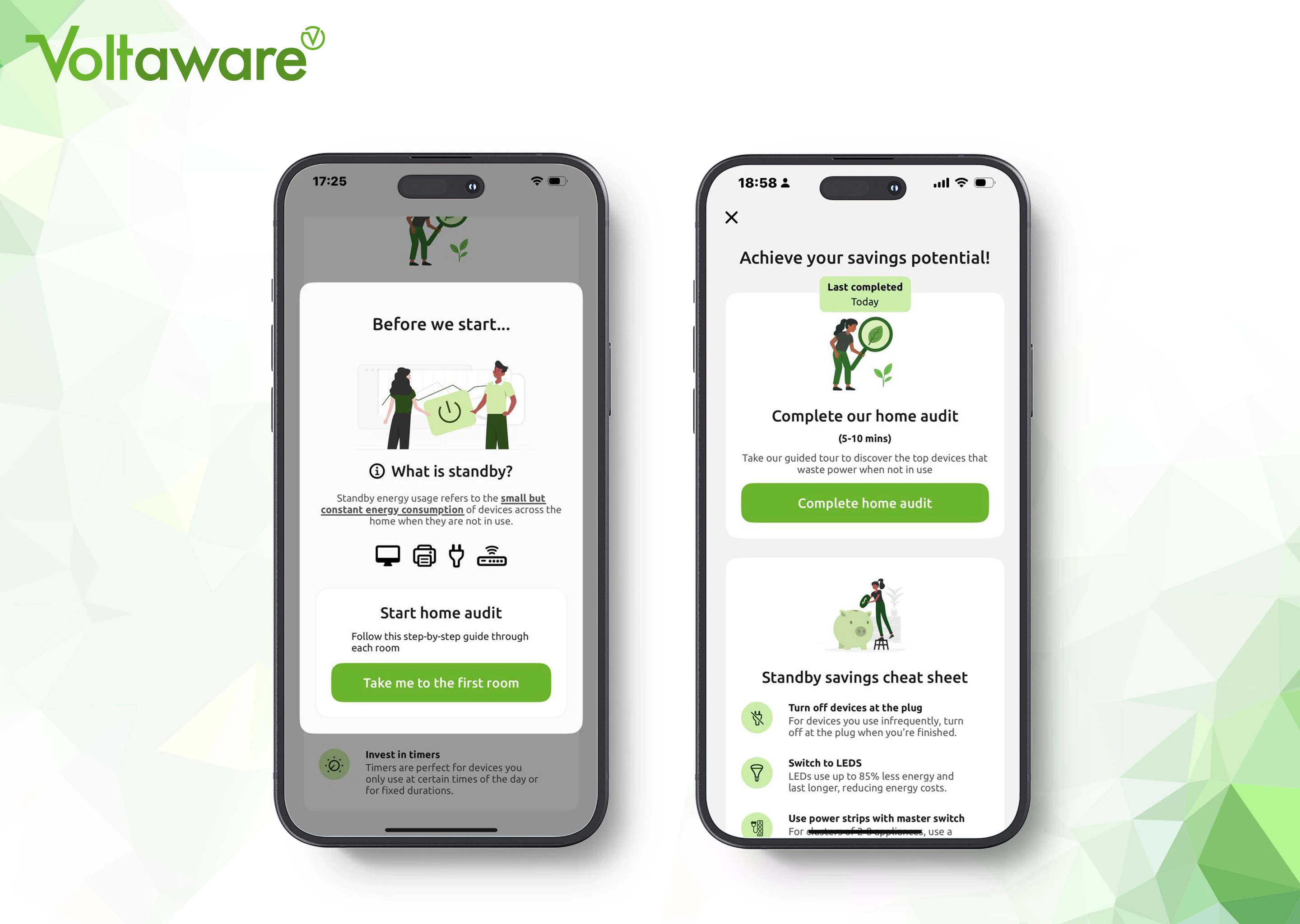 Voltaware app displaying Standby Insights and Home Audit features to help reduce standby energy costs