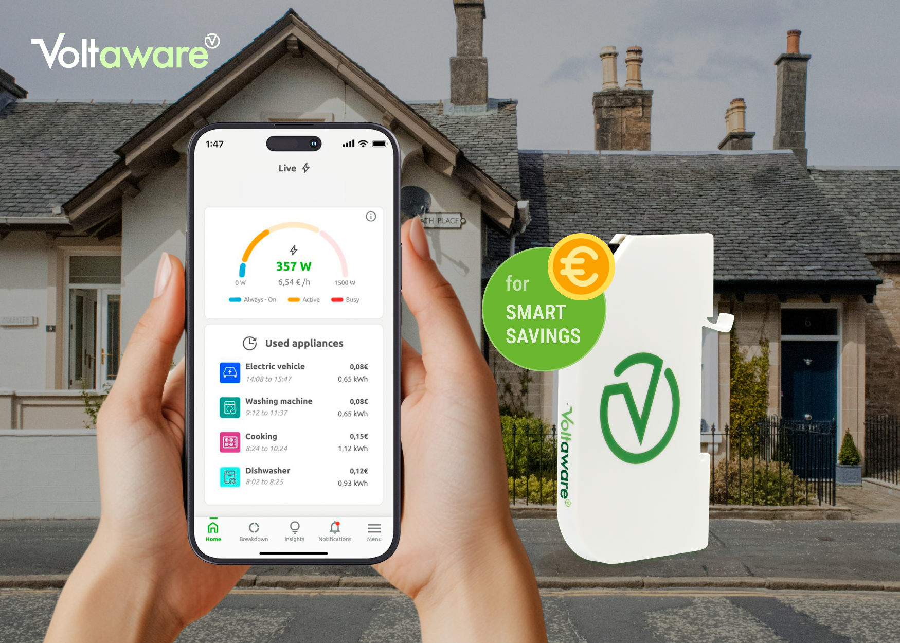 Voltaware app displaying real-time electricity usage for Irish homes