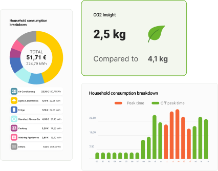 dashboard showing household consumption breakdown, usage graphs, and CO₂ insights