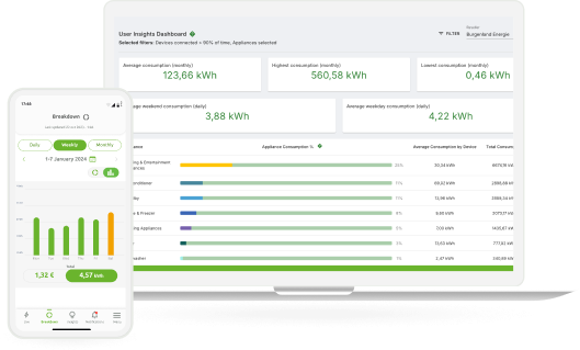 branded app mockup on phone and laptop screens with energy charts and alerts