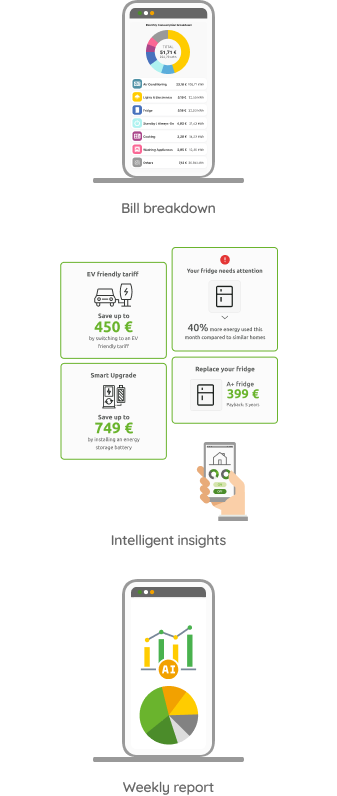 Utility-facing insight cards (e.g., High-bill explanation, EV charging pattern, Heat-pump performance, Anomaly alerts)