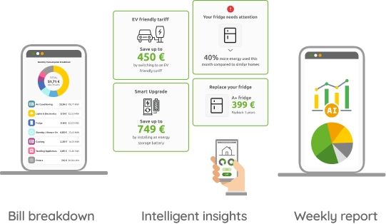 Utility-facing insight cards (e.g., High-bill explanation, EV charging pattern, Heat-pump performance, Anomaly alerts)