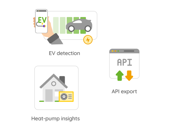 B2B card set: EV detection, heat-pump insights, API export.